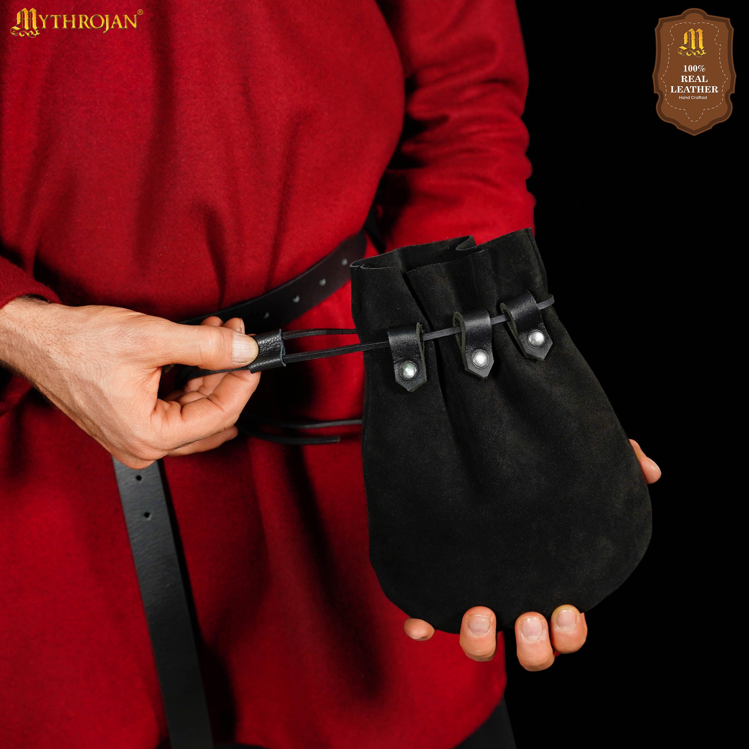 Mythrojan “ Gold and Dice ” Medieval Drawstring Bag, Ideal for SCA LARP Reenactment &amp; Ren fair Suede Leather Pouch, Black 9.2” ×7.2 ”