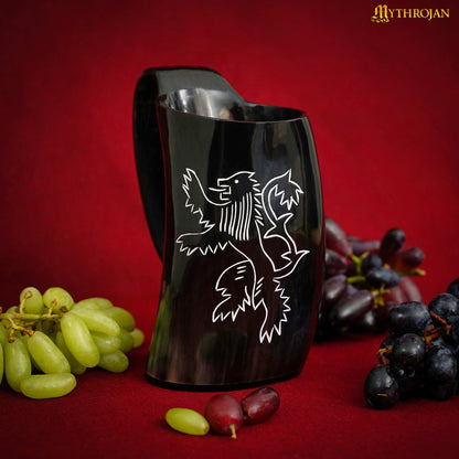 Mythrojan Tumbler Viking Drinking Cup with Handle &amp; Medieval Buckle Renaissance with Leather Strap - 600 ML / Rampat Lion