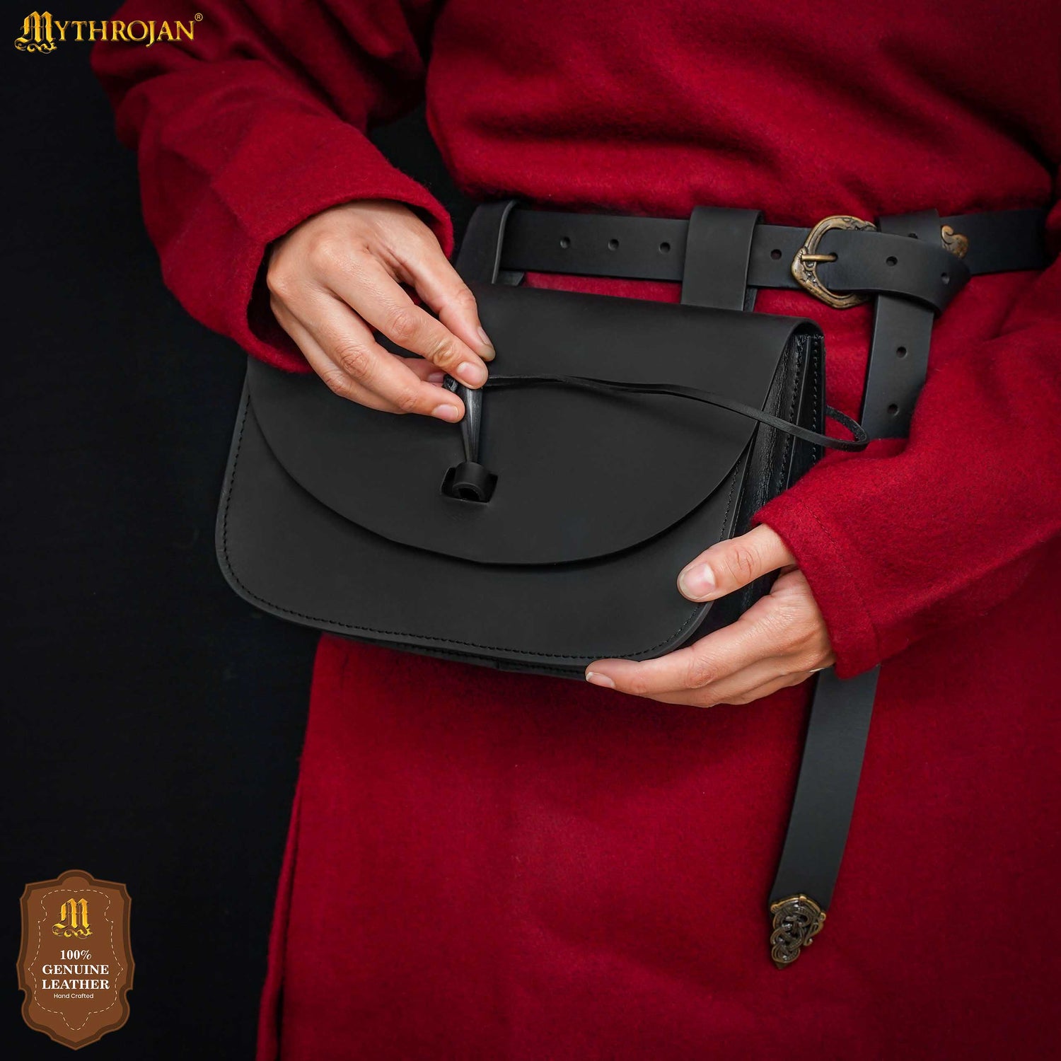 Mythrojan Extra Large Brown Medieval Leather Belt Pouch Renaisance Accessory LARP Bag - Black