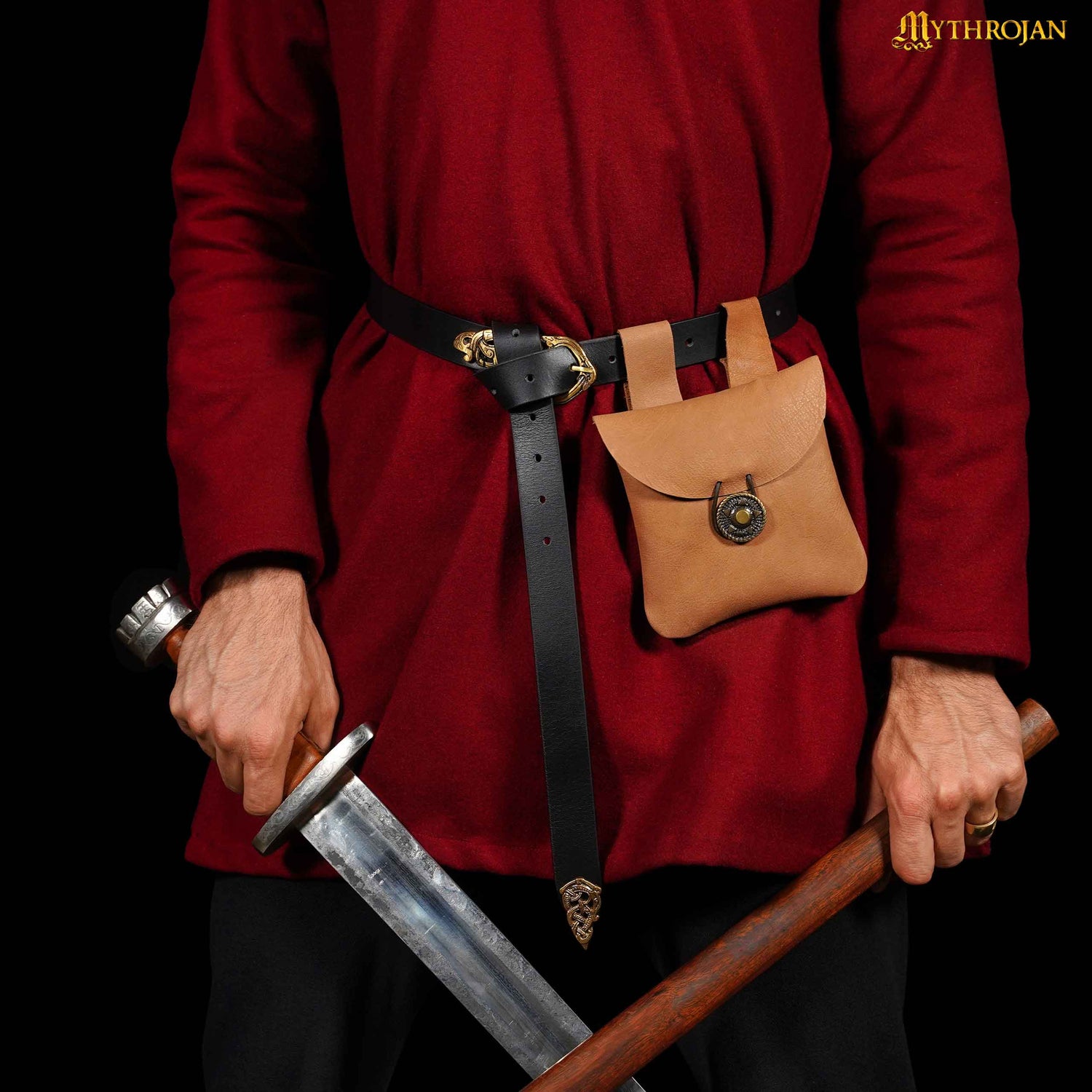 Mythrojan Leather Belt Bag, Ideal for SCA LARP Reenactment &amp; Ren fair, Full Grain Leather, Brown , 5 .5”× 5.1 ”