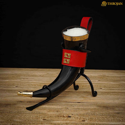 Mythrojan THE WEALTHY MERCHANT - Viking Drinking Horn with Red Leather Holder Authentic Medieval Inspired Viking Wine/Mead Mug - Polished Finish - 350 ML