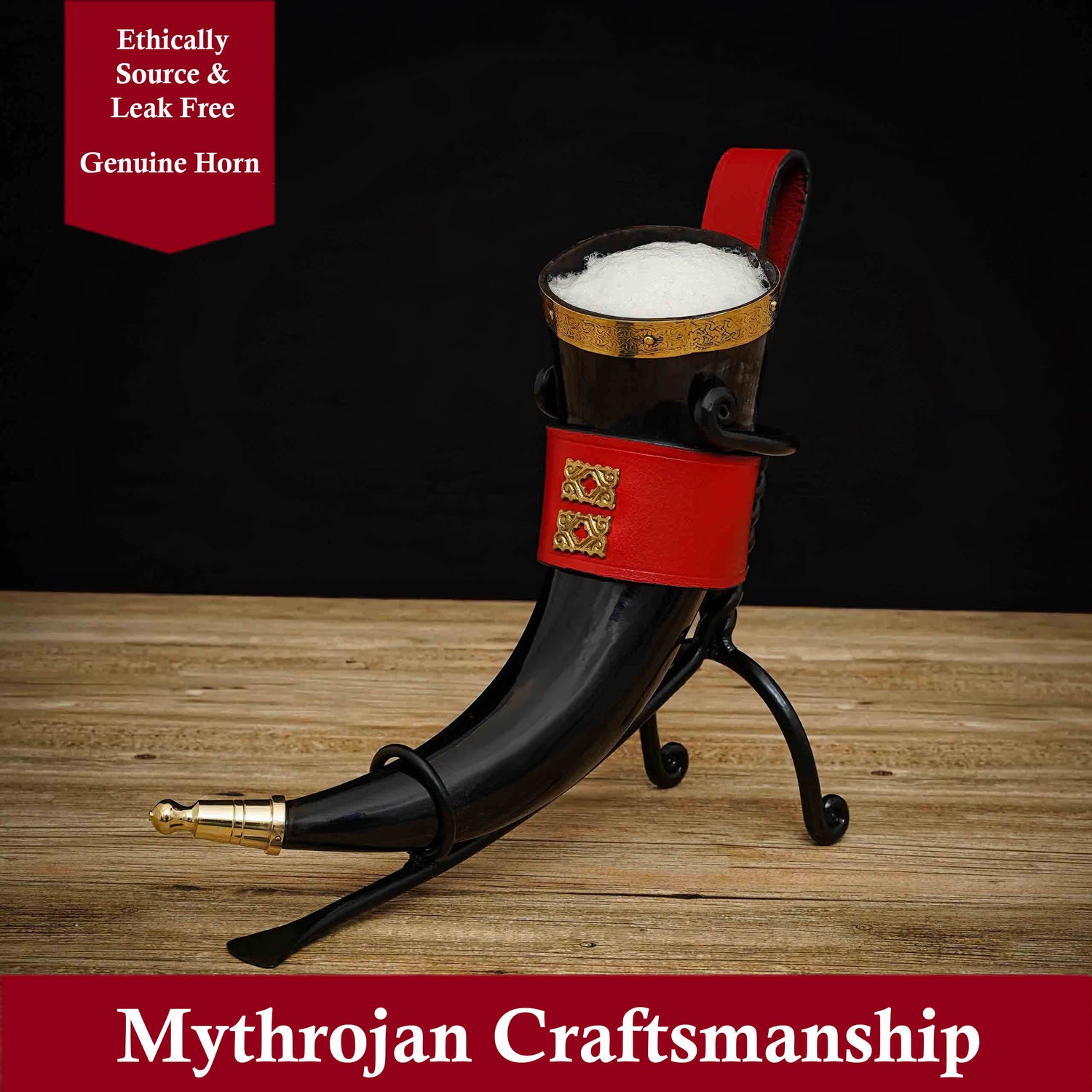 Mythrojan THE WEALTHY MERCHANT - Viking Drinking Horn with Red Leather Holder Authentic Medieval Inspired Viking Wine/Mead Mug - Polished Finish - 350 ML