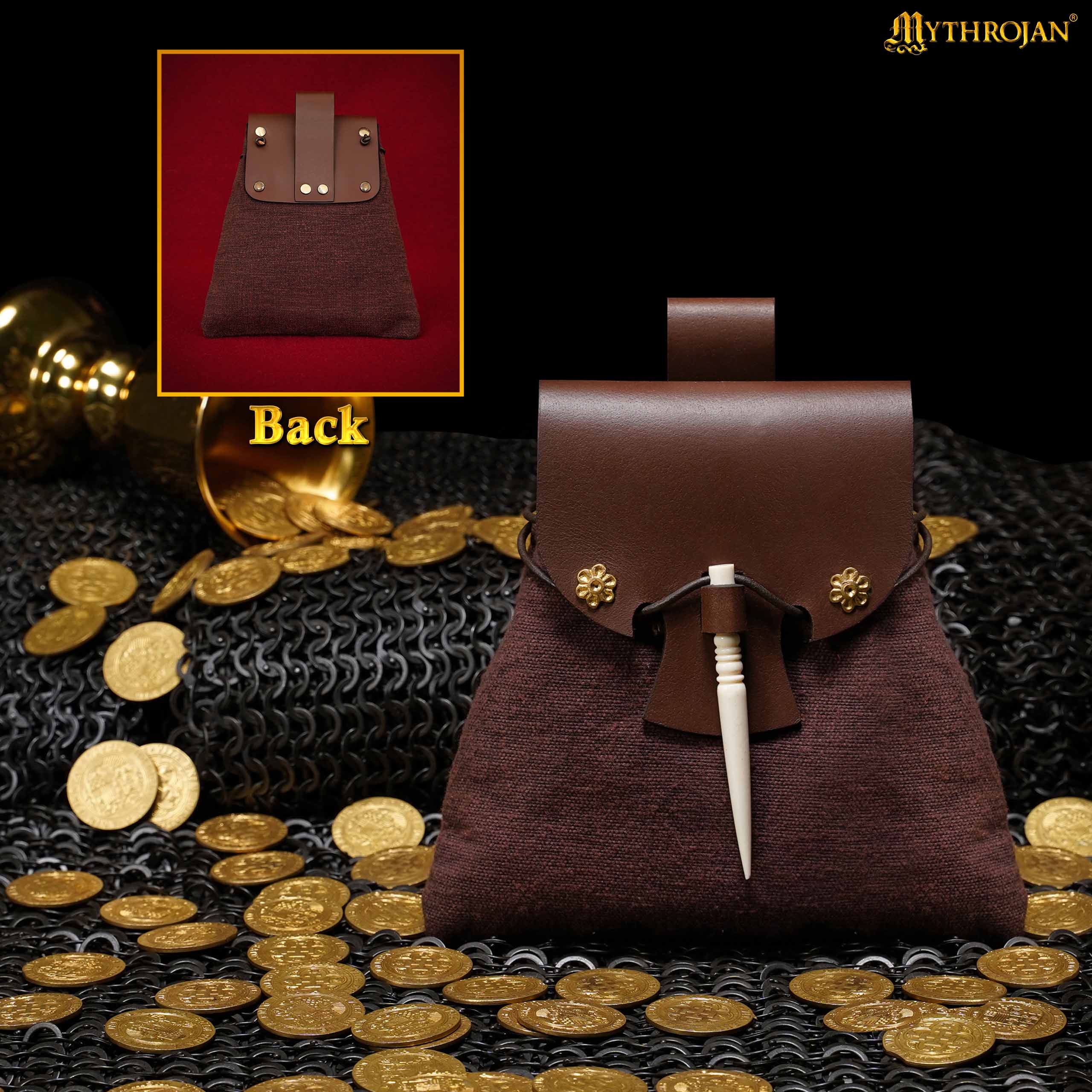 Mythrojan “Gold and Dice” Medieval Fantasy Belt Bag with Bone Needle Closure, Ideal for SCA LARP reenactment &amp; Ren fair, Brown, 7”×7”