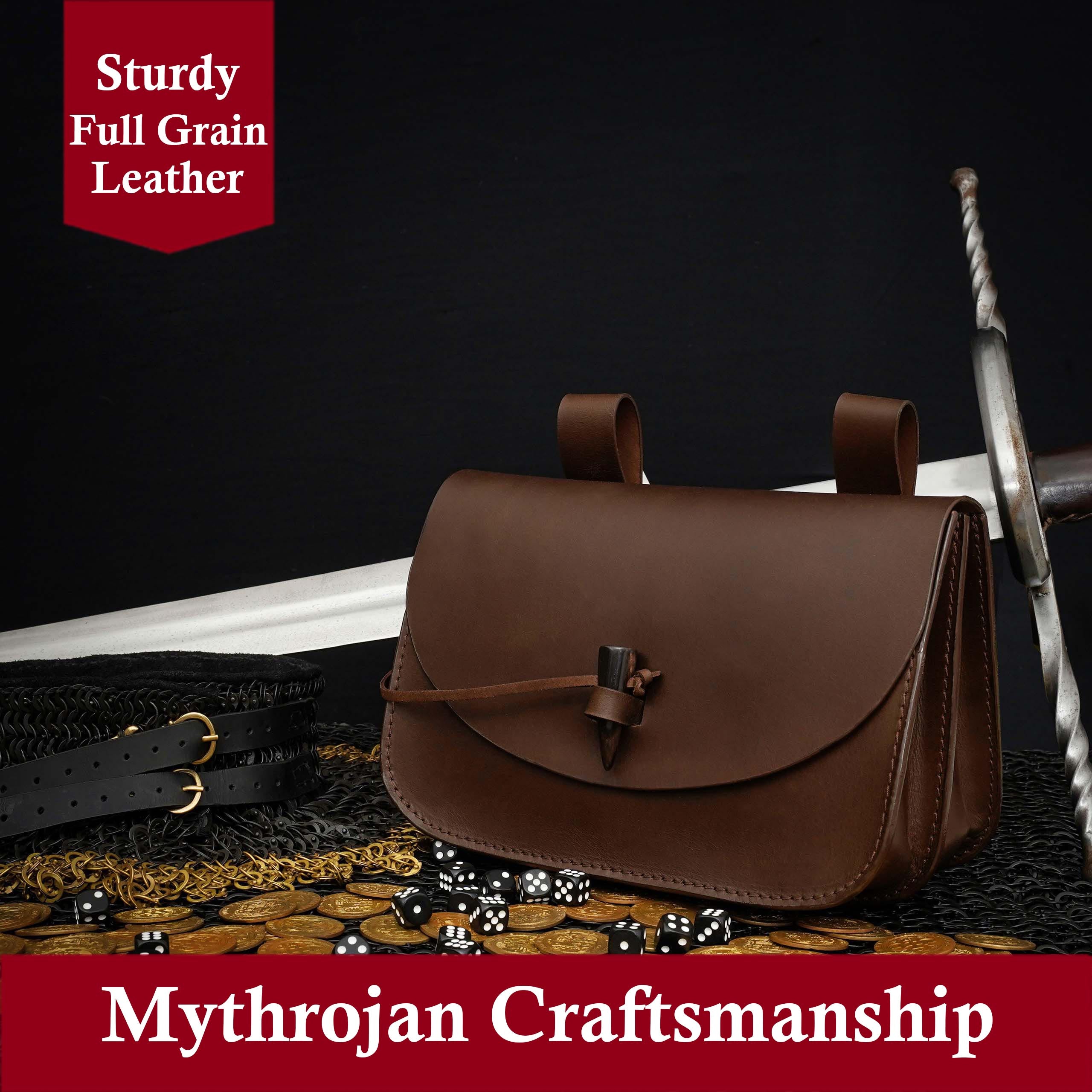 Mythrojan “The Mythical Venturer” Medieval Bag ideal for medieval SCA LARP reenactment, Full Grain Leather Pouch, Brown 9.6” ×6.5”