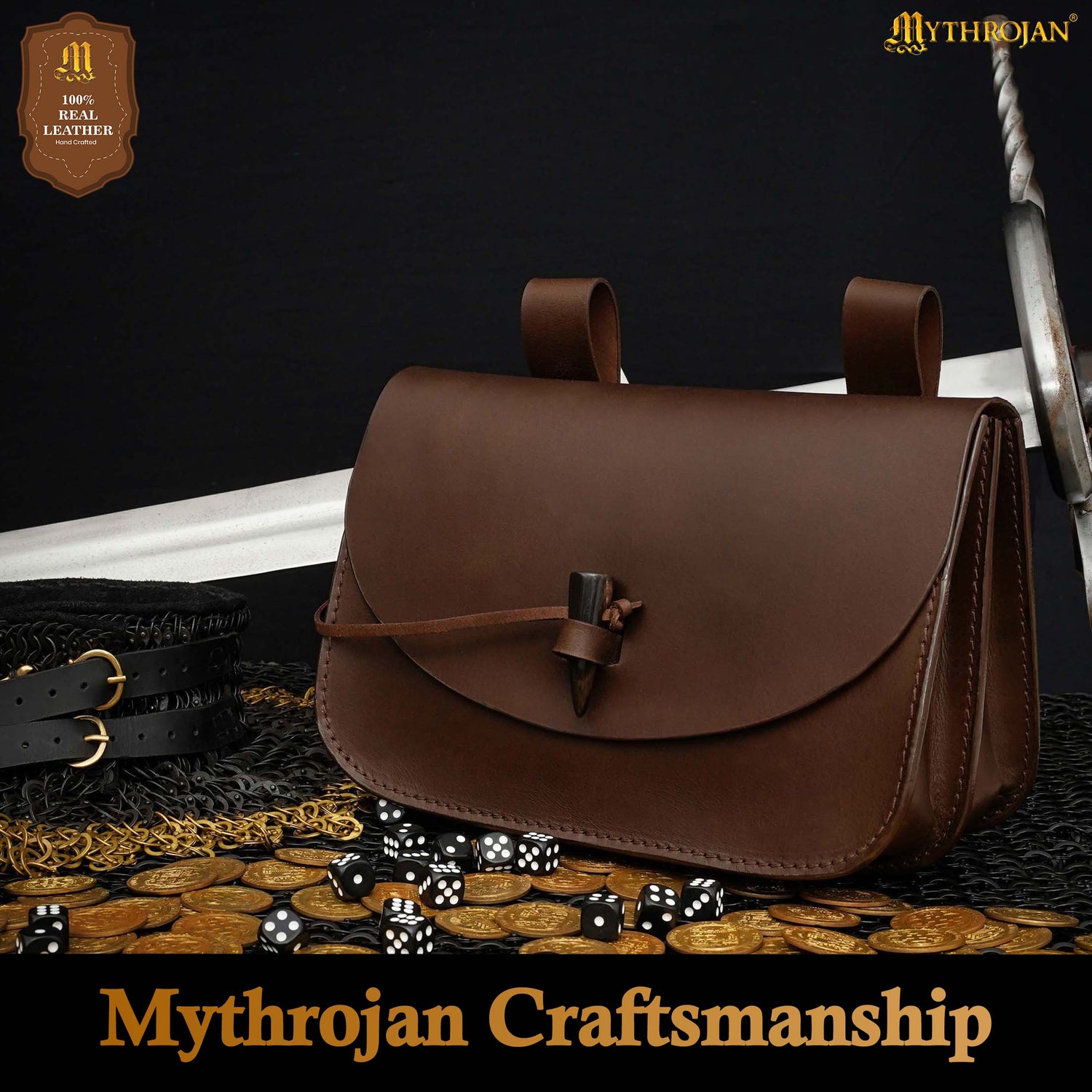 Mythrojan “The Mythical Venturer” Medieval Bag ideal for medieval SCA LARP reenactment, Full Grain Leather Pouch, Brown 9.6” ×6.5”