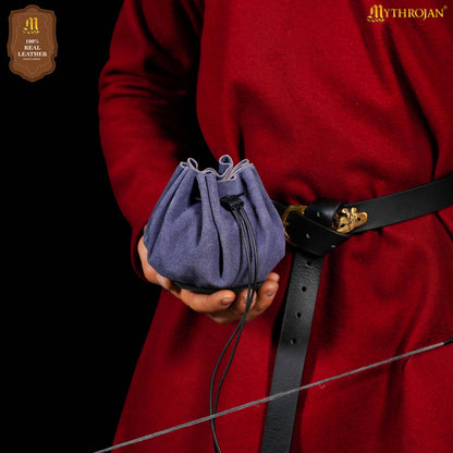 Mythrojan “ Gold and Dice ” Medieval Drawstring Bag, Ideal for SCA LARP Reenactment &amp; Ren fair - Suede Leather Pouch, Blue 3.5”