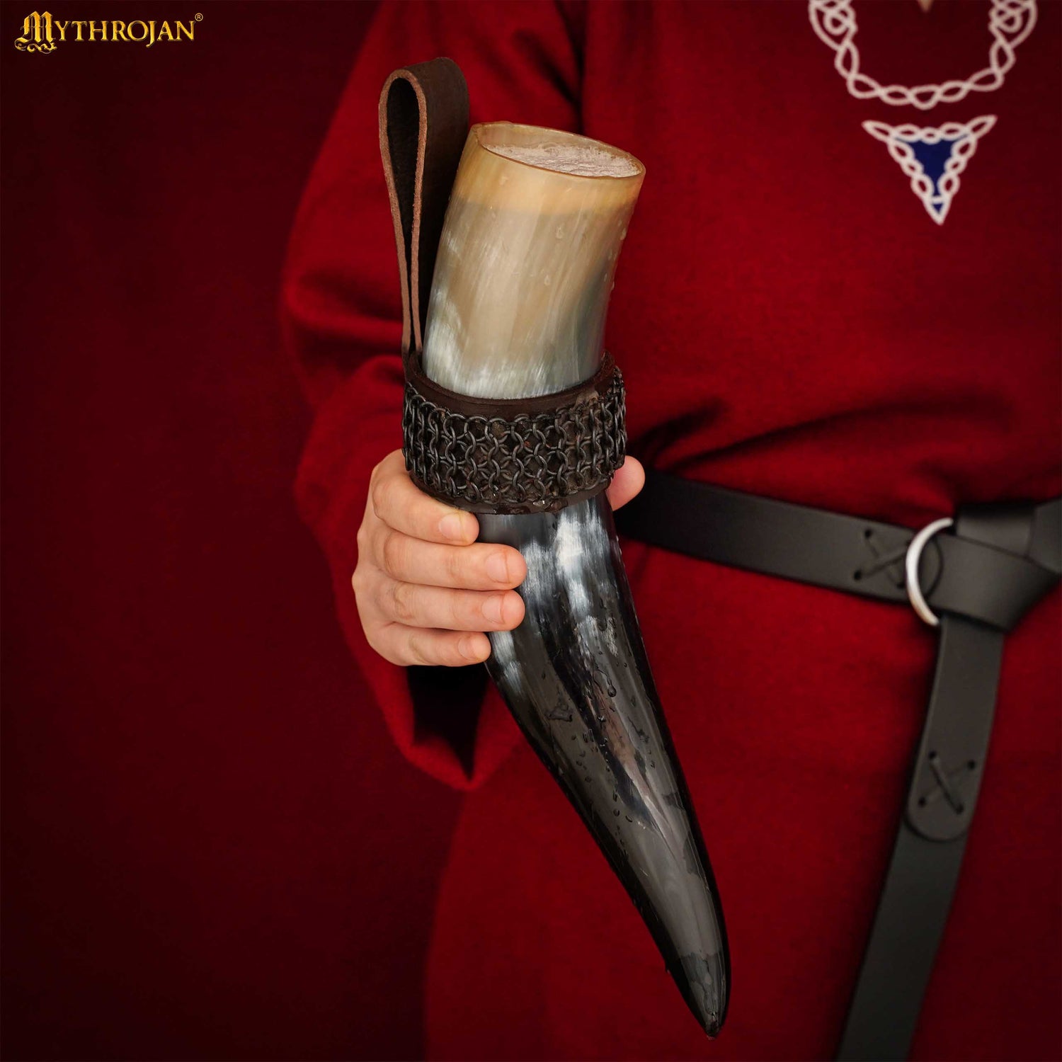 Mythrojan THE WITCHER COMPANION Viking Drinking Horn with Brown Leather Holder Authentic Medieval Inspired Viking Wine/Mead Mug - Polished Finish