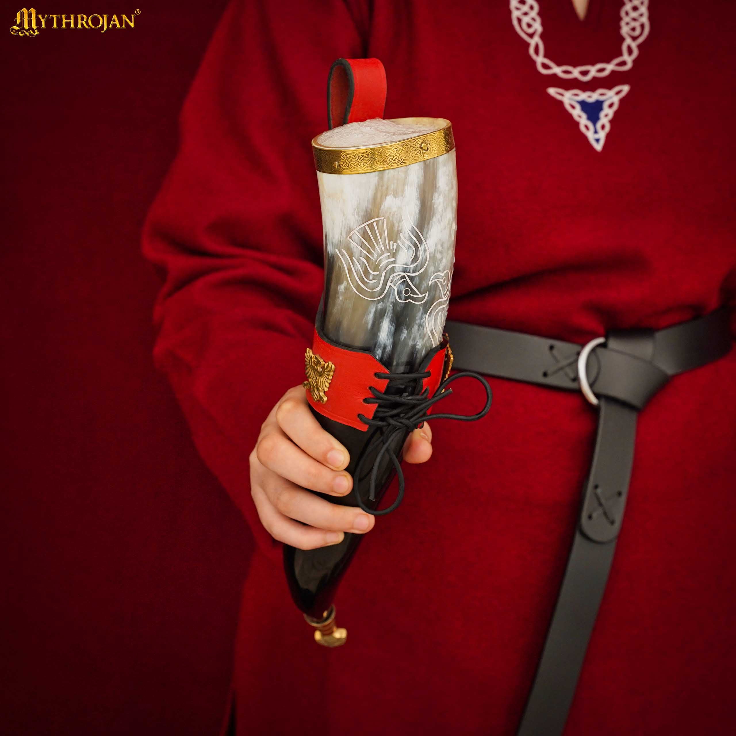 Mythrojan The Bird of Prey Viking Drinking Horn with Red Leather Holder Authentic Medieval Inspired Viking Wine/Mead Mug - Polished Finish