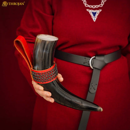 Mythrojan THE WITCHER COMPANION Viking Drinking Horn with Red Leather Holder Authentic Medieval Inspired Viking Wine/Mead Mug - Polished Finish