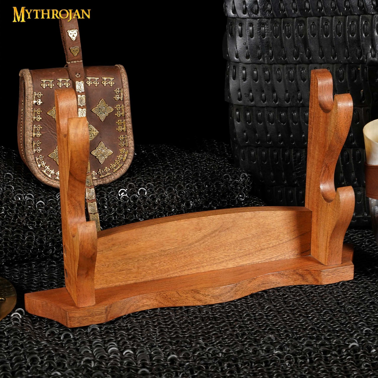 Mythrojan Solid Wood Sword Stand Medieval Sword Wall Mount Samurai Sword Display Stand Katana Sword Holder Gladiator Sword Wall Display Crusader Sword Stand Knife Stand for Display - Two Tier Stand