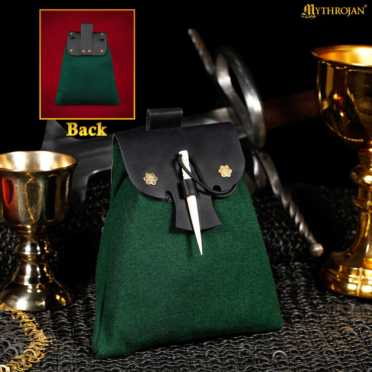 Mythrojan “Gold and Dice” Medieval Fantasy Belt Bag with Bone Needle Closure, Ideal for SCA LARP reenactment &amp; Ren fair, Black and Green, 7”×7”