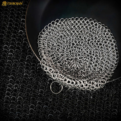 Mythrojan Chainmail Round Stainless Steel Scrubber, Ideal for Cleaning Cast Iron Skillet, Wok, Cooking Pot, Griddle or Cast Iron Cauldron Maintenance, Diameter: 7”