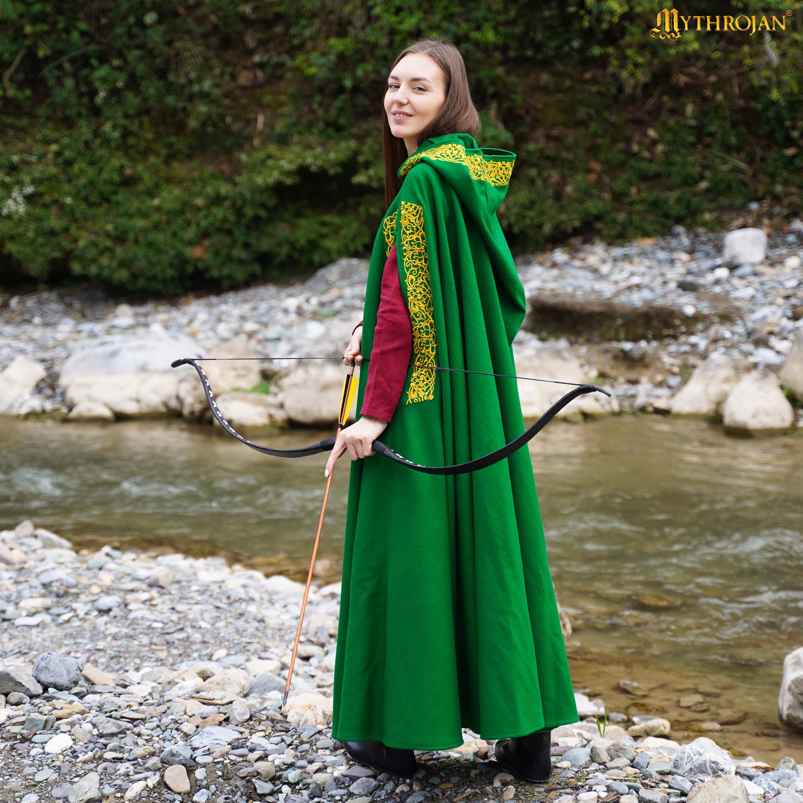 Mythrojan Embroidered Woolen Hooded Cloak /Cape with delicate BRASS BROOCH Medieval Wool Cape for Ranger LARP SCA Cosplay, Green , Large