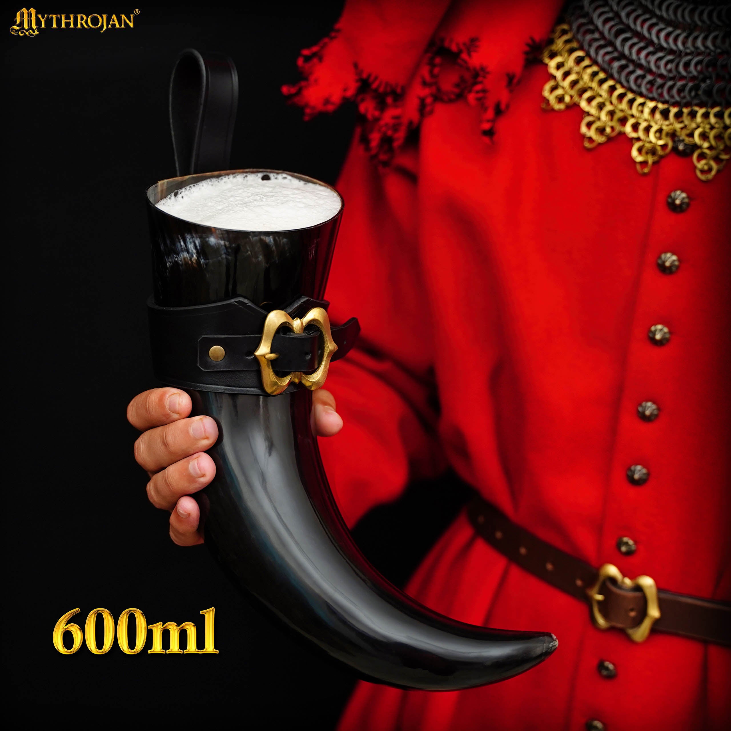 Mythrojan THE LOYAL SOLDIER - Viking Drinking Horn with Black Leather holder Authentic Medieval Inspired Viking Wine/Mead Mug - Polished Finish - 600ML