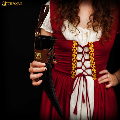 Mythrojan&quot;THE ELEGANT LADY&quot; Viking Drinking Horn with Leather Holder Authentic Medieval Inspired Viking Wine/Mead Mug - Polished Finish - 250 ML / Brown