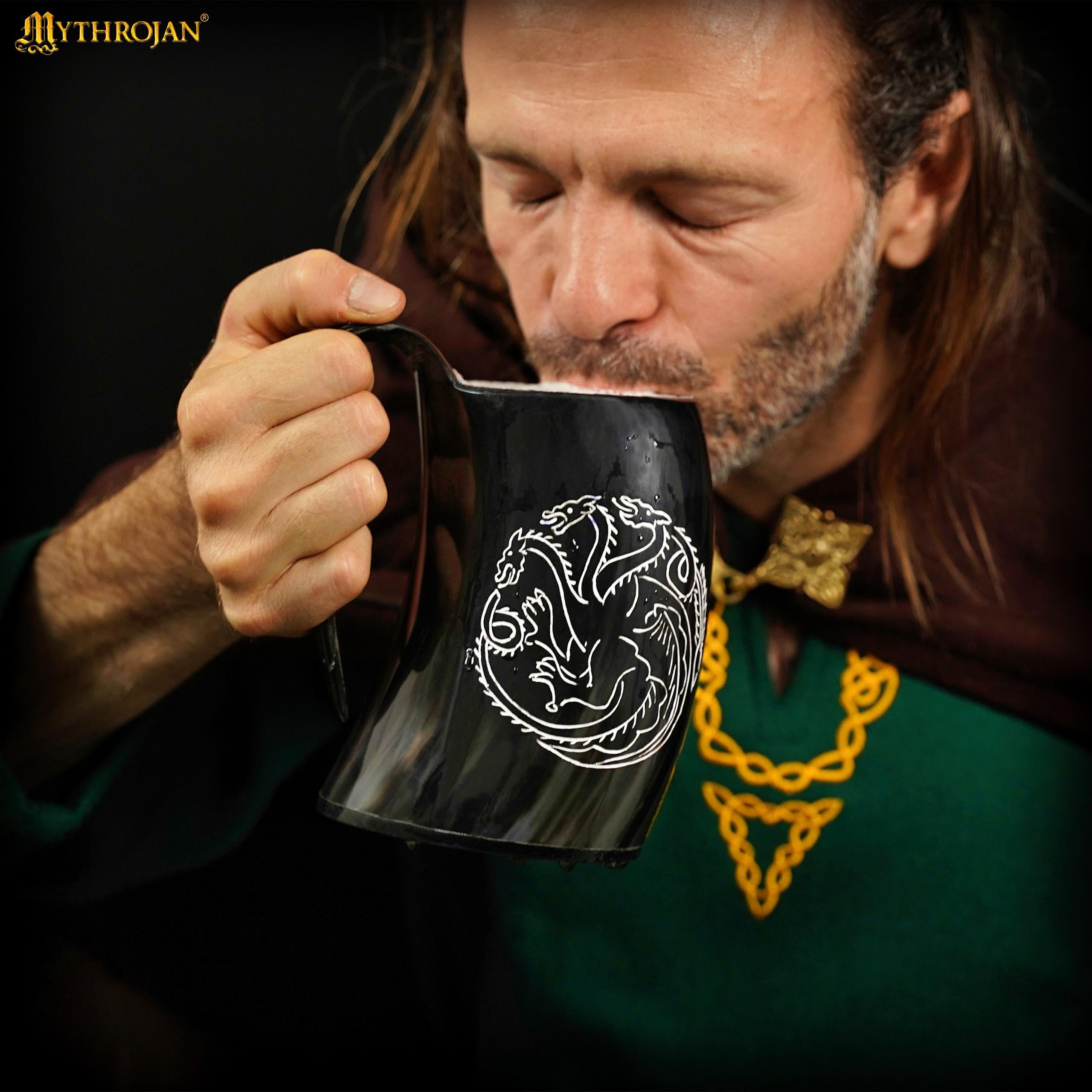 Mythrojan Tumbler Viking Drinking Cup with Handle &amp; Medieval Buckle Renaissance with Leather Strap - Dragon