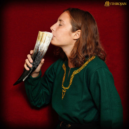 Mythrojan Viking Ravan Carved Drinking Horn Authentic Medieval Inspired Viking Wine/Mead 400 ML - Polished Finish