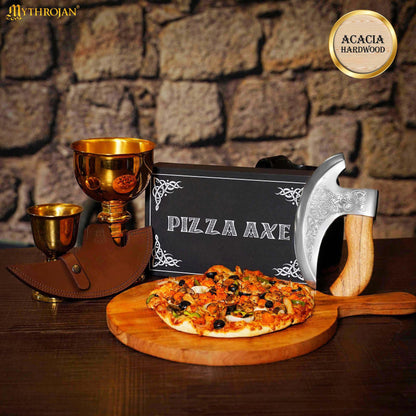 The Authentic MYTHROJAN Viking Pizza Axe : Stainless Steel Medieval Pizza Cutter Axe Mezzaluna Ulu Rocking Pizza Gift Knife