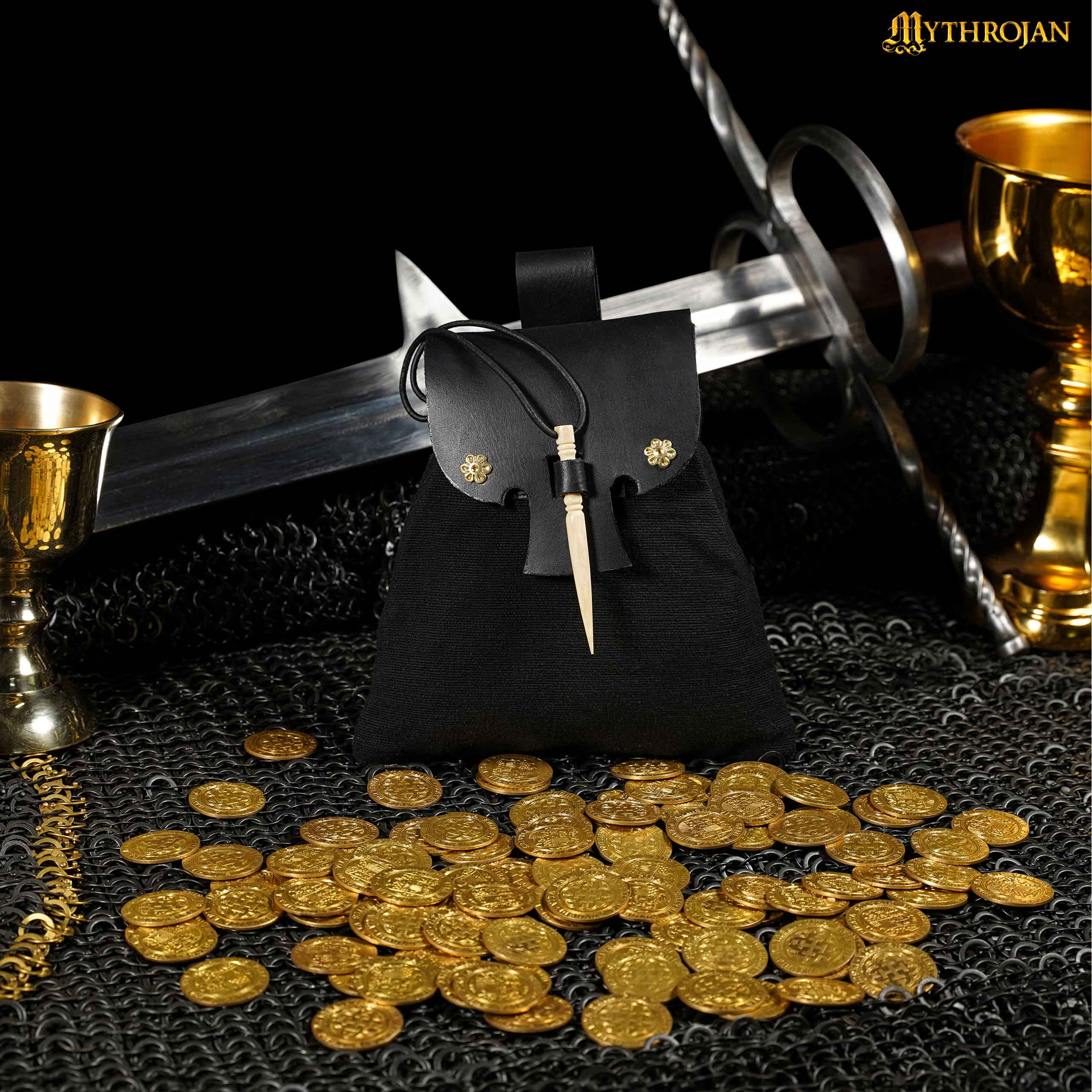 Mythrojan “Gold and Dice” Medieval Fantasy Belt Bag with Bone Needle Closure, Ideal for SCA LARP Reenactment &amp; Ren fair, Black, 7”×7”