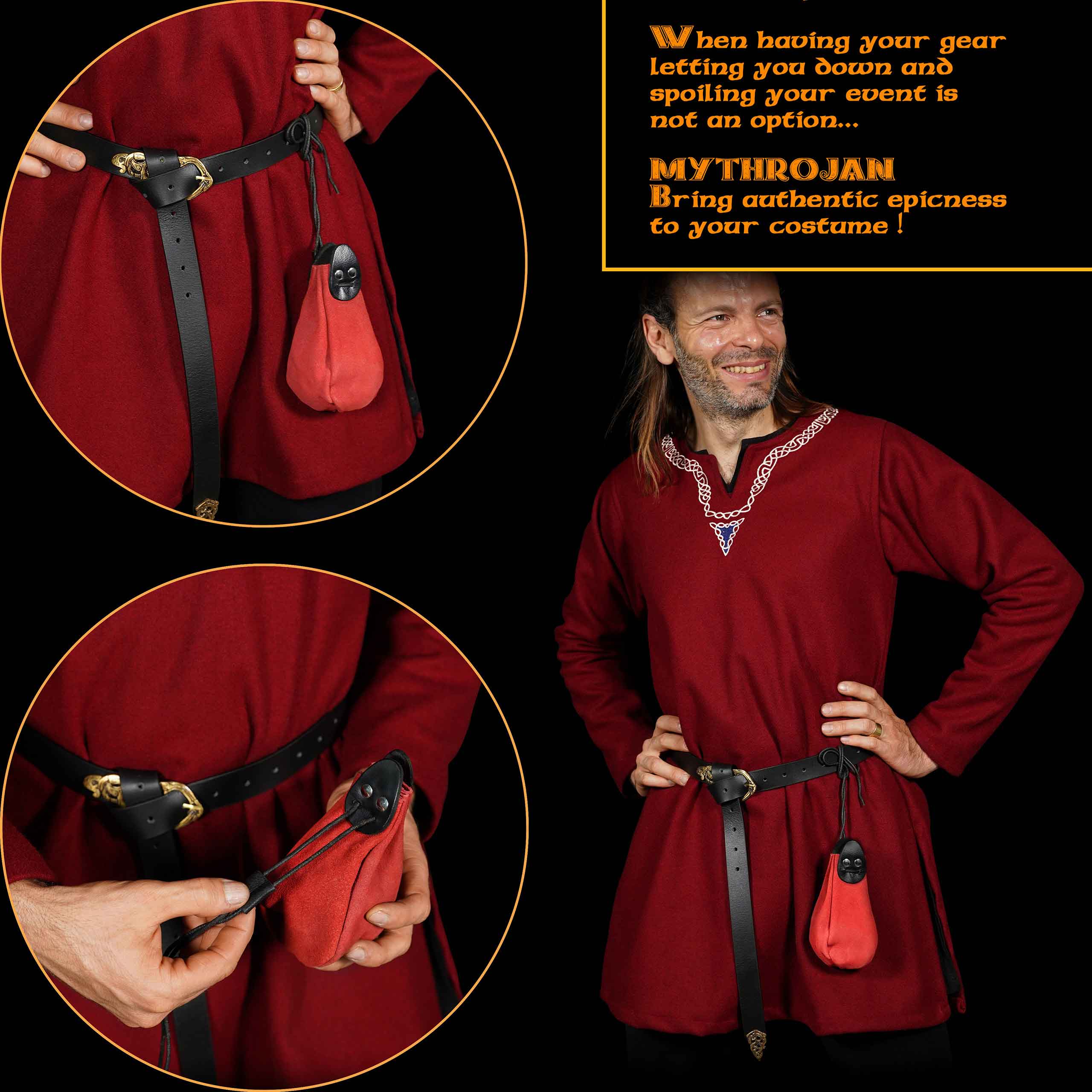 Mythrojan “Gold and Dice” Drawstring Pouch, Ideal for SCA LARP Reenactment &amp; Ren fair - Suede Leather Pouch, Black and Red , 6 ”