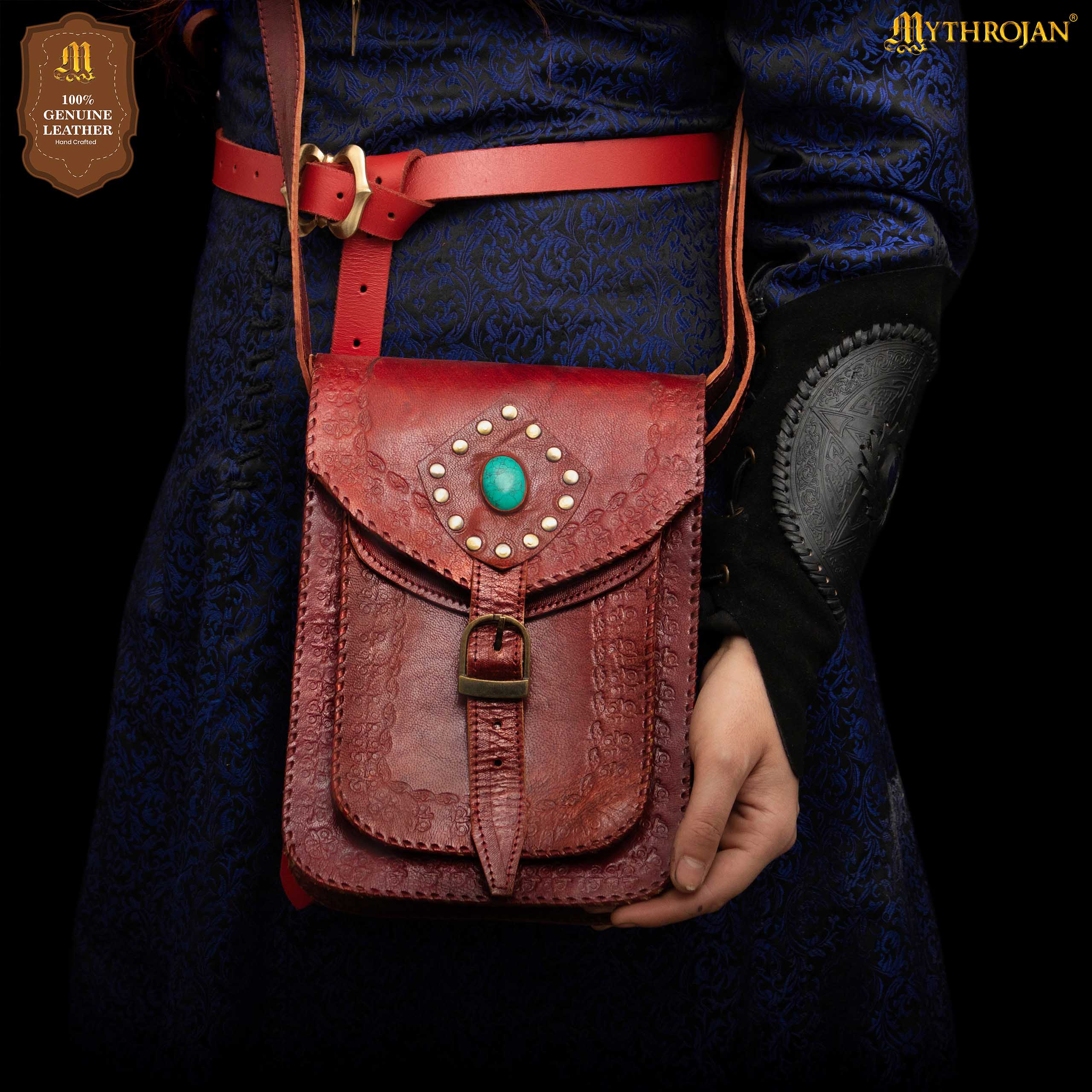 MYTHROJAN “SORCERESS FROM THE EAST” MEDIEVAL Sling Bag ideal for enchantress, LARP mage, D&amp;D wizard, Witcher cosplay, Maroon 10&quot; x 7”