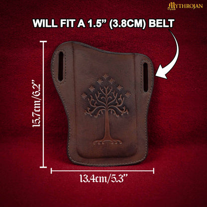 Mythrojan The Tree of Gondor/Numenor Phone Case Genuine Leather Belt Pouch for Mobile Phones, Full Grain Leather, Brown, Medium, 6.2”x5.3”