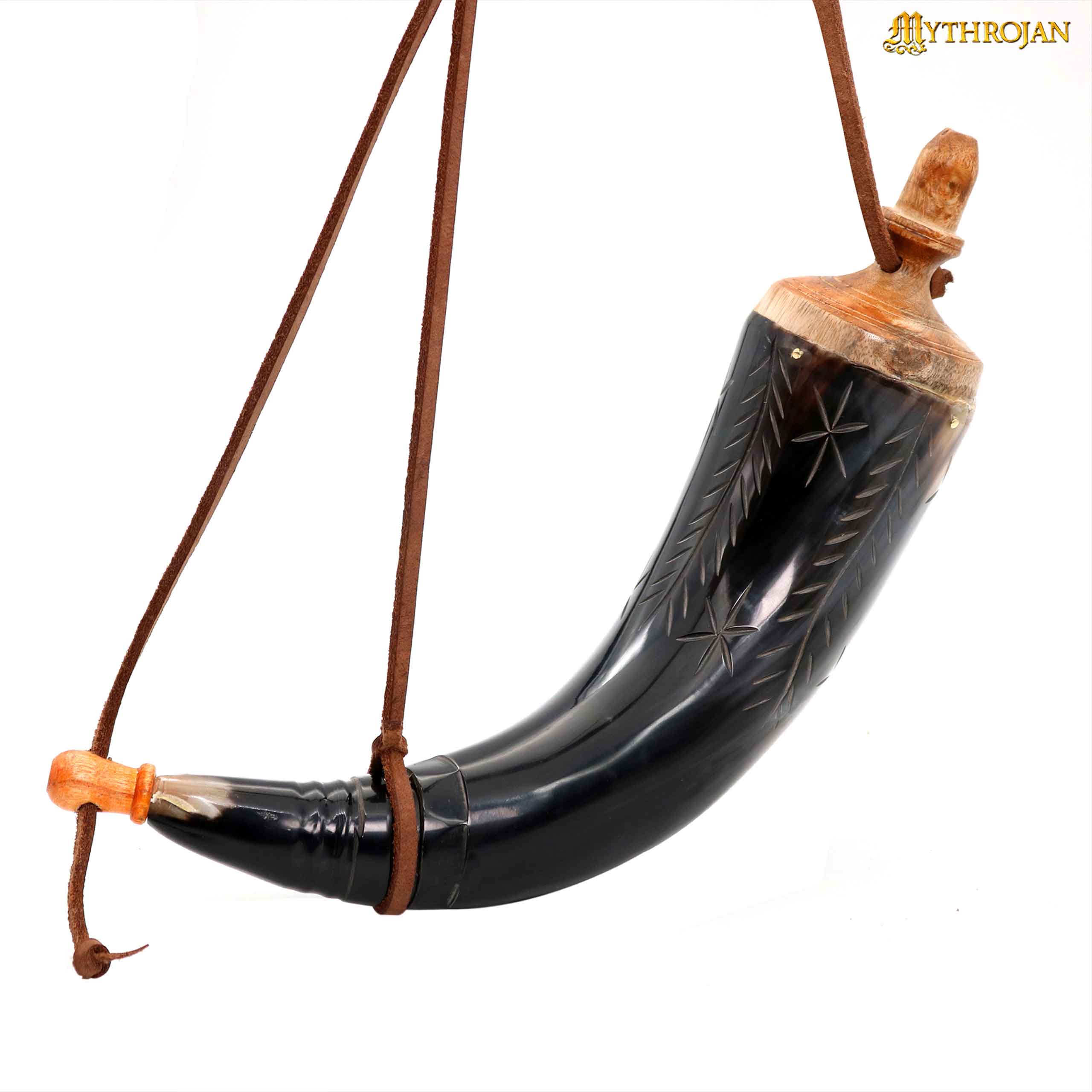 Mythrojan Hand Carved Powder Horn with Leather Strap for Civil War Re-Enactment Black Powder - Mountain Man Reenactment