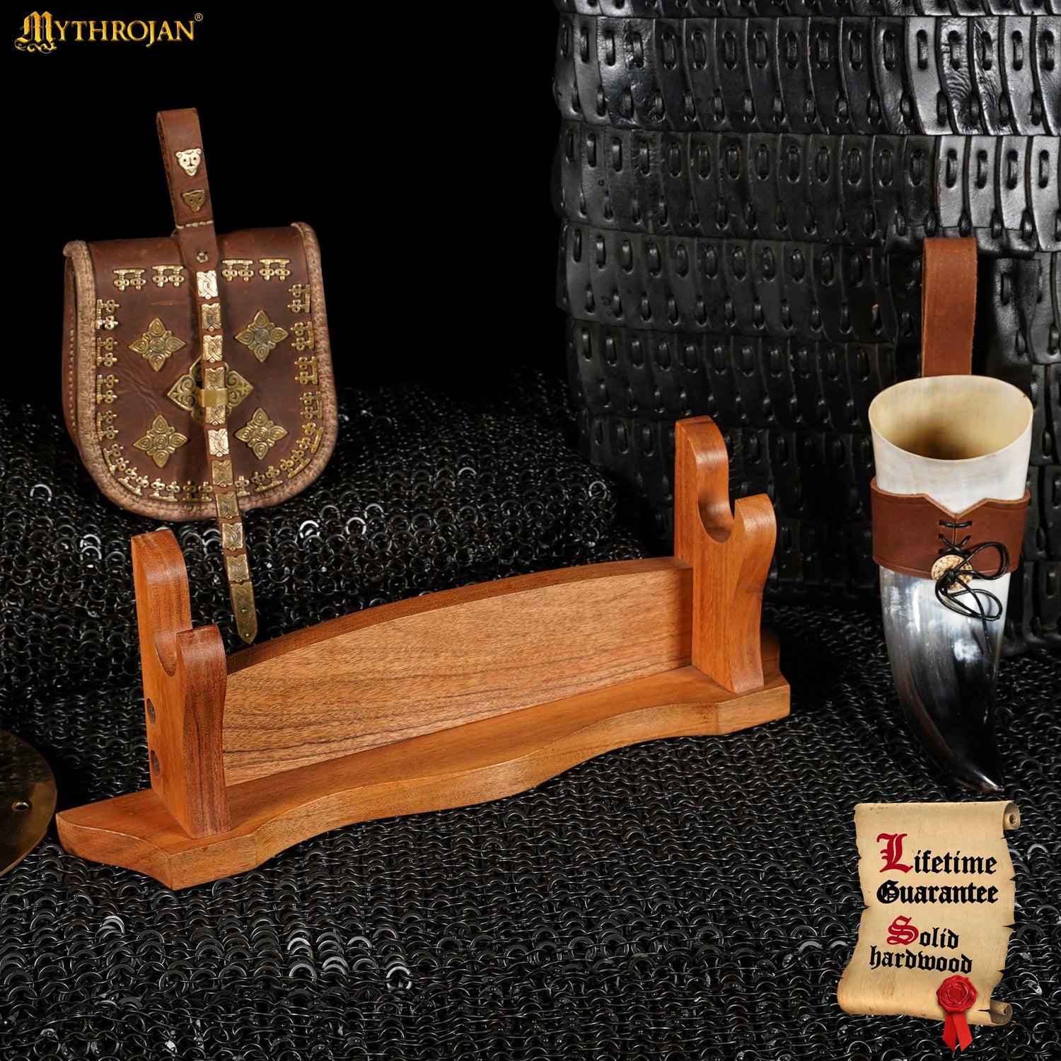 Mythrojan Solid Wood Sword Stand Medieval Sword Wall Mount Samurai Sword Display Stand Katana Sword Holder Gladiator Sword Wall Display Crusader Sword Stand Knife Stand for Display - One Tier Stand 17.5&quot;