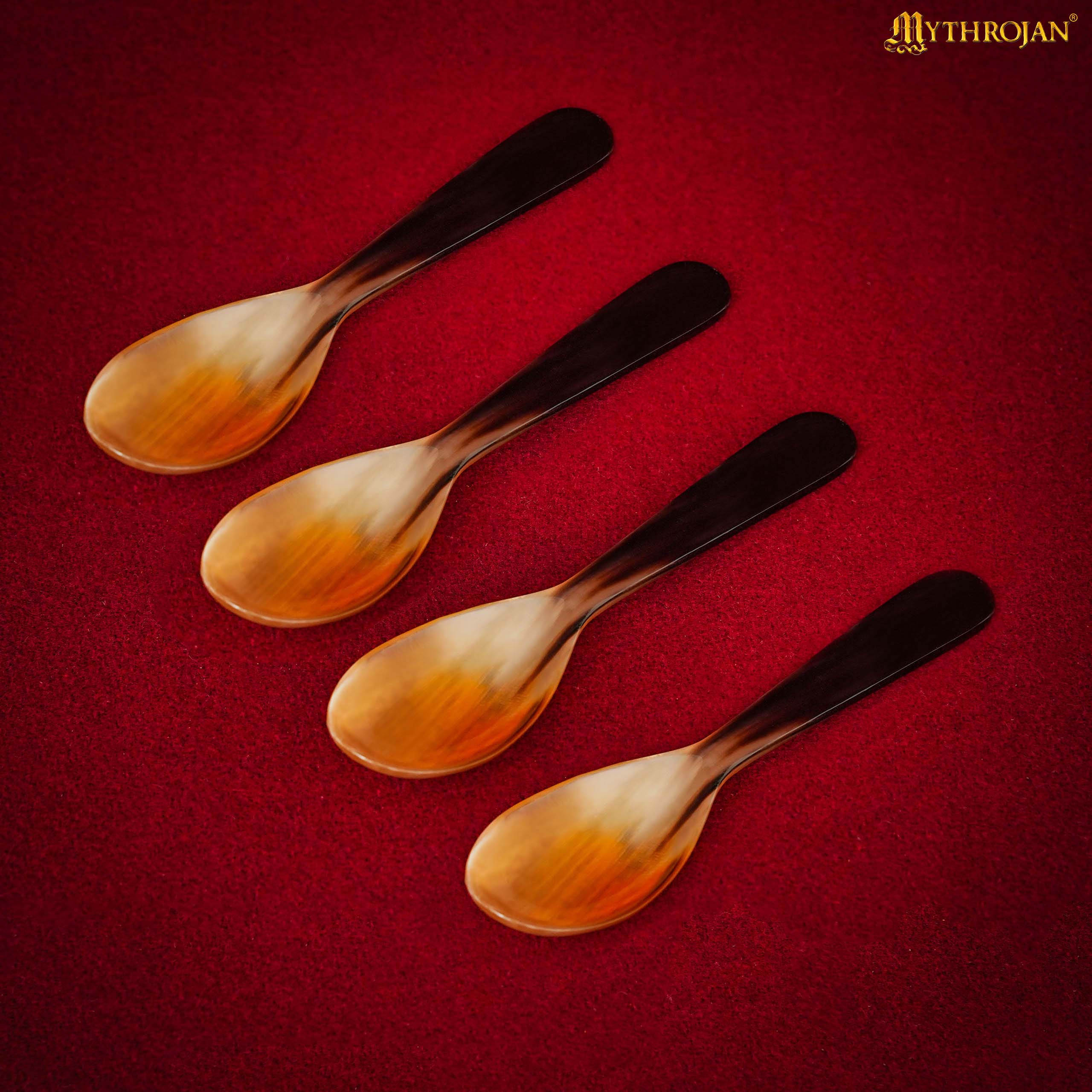 Mythrojan Handcrafted “Small size” GENUINE HORN SPOONS Set of 4, Ideal for Viking Events Medieval Weddings Cosplay LARP SCA, 4.2 inches