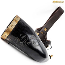 mythrojan-the-bird-of-prey-viking-drinking-horn-with-brown-leather-holder-authentic-medieval-inspired-viking-wine-mead-mug-polished-finish-350ml