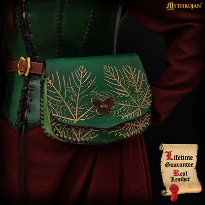 Mythrojan &quot;Forest Grace&quot; Elven Leather Pouch: Ideal for LARP, Cosplay, Elvish Costume &amp; Healer or Ranger Outfit , 7.4” x8.8 ” x2.9 ”