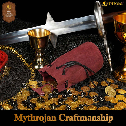 Mythrojan Medieval Drawstring Belt Bag, Ideal for SCA LARP Reenactment &amp; Ren fair , Suede Leather , Wine Red 8” ×6.5 ”