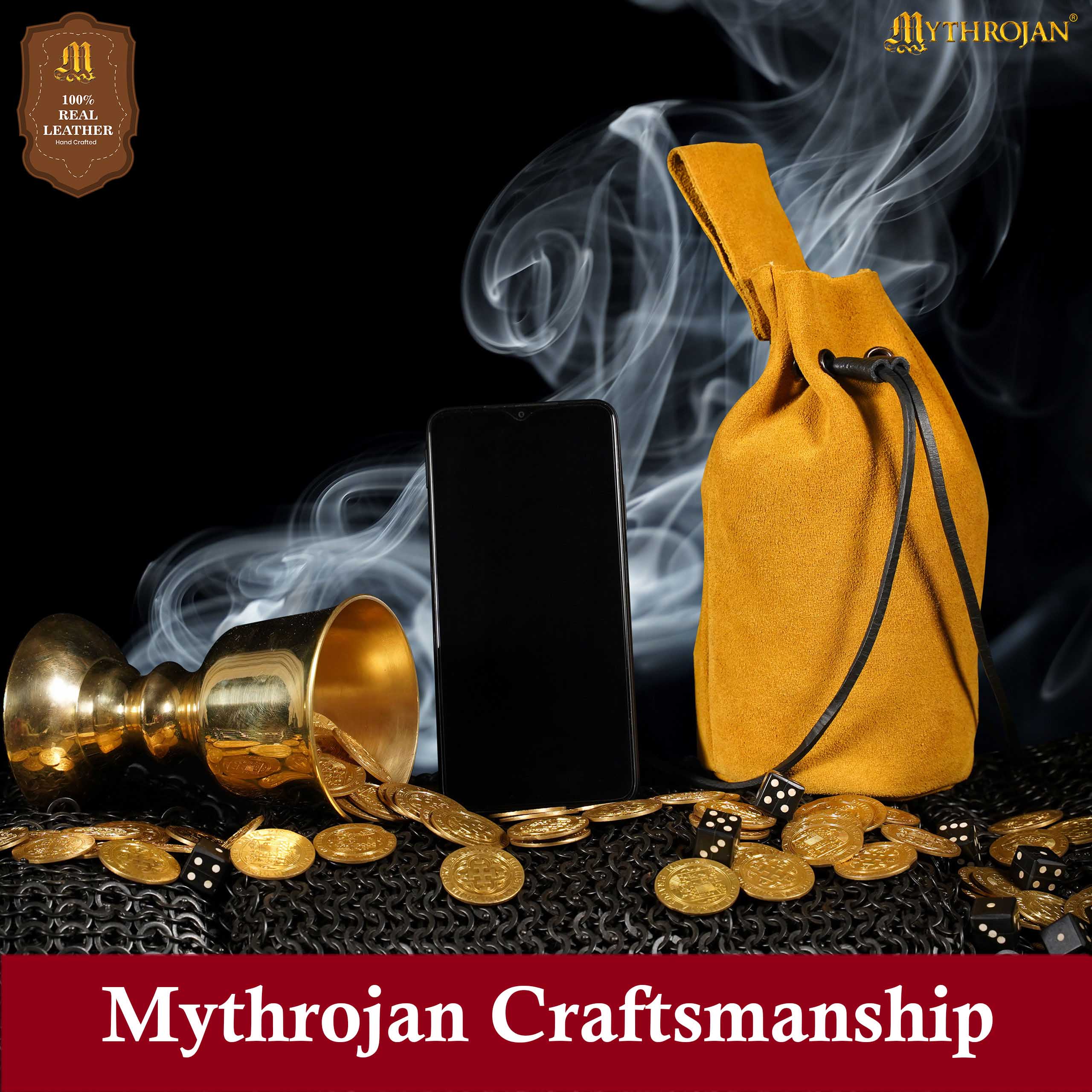 Mythrojan Medieval Drawstring Belt Bag, Ideal for SCA LARP Reenactment &amp; Ren fair , Suede Leather , Yellow 8” ×6.5 ”