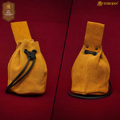 Mythrojan Medieval Drawstring Belt Bag, Ideal for SCA LARP Reenactment &amp; Ren fair , Suede Leather , Gold 6” ×5 ”