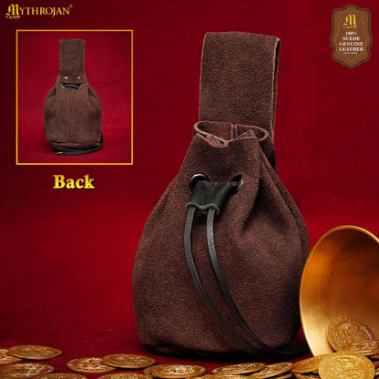 Mythrojan Medieval Drawstring Belt Bag, Ideal for SCA LARP Reenactment &amp; Ren Fair, Suede Leather, Chocolate Brown, 5&quot; X 6&quot;