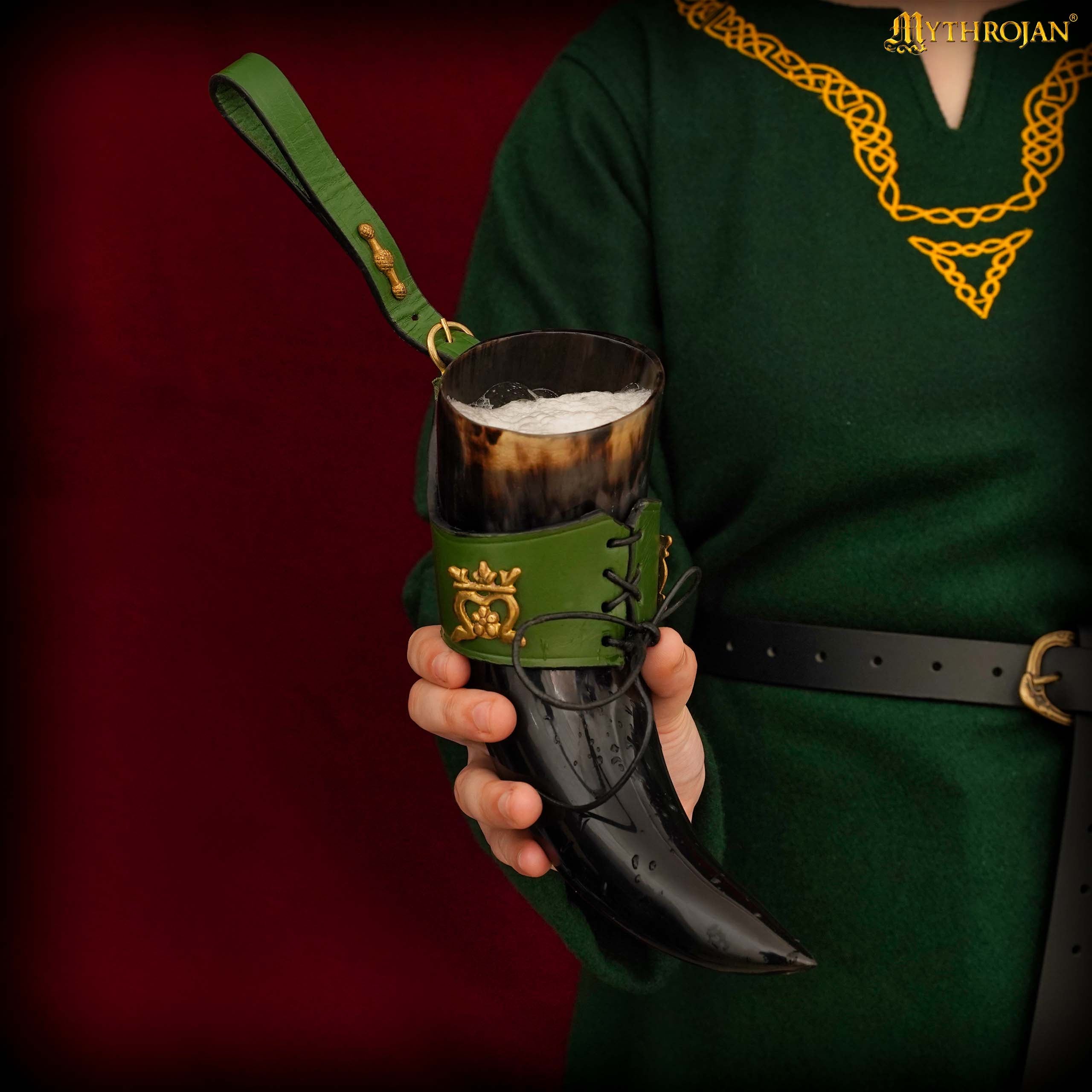 Mythrojan&quot;THE ELEGANT LADY&quot; Viking Drinking Horn with Leather Holder Authentic Medieval Inspired Viking Wine/Mead Mug - Polished Finish - 250 ML / Green