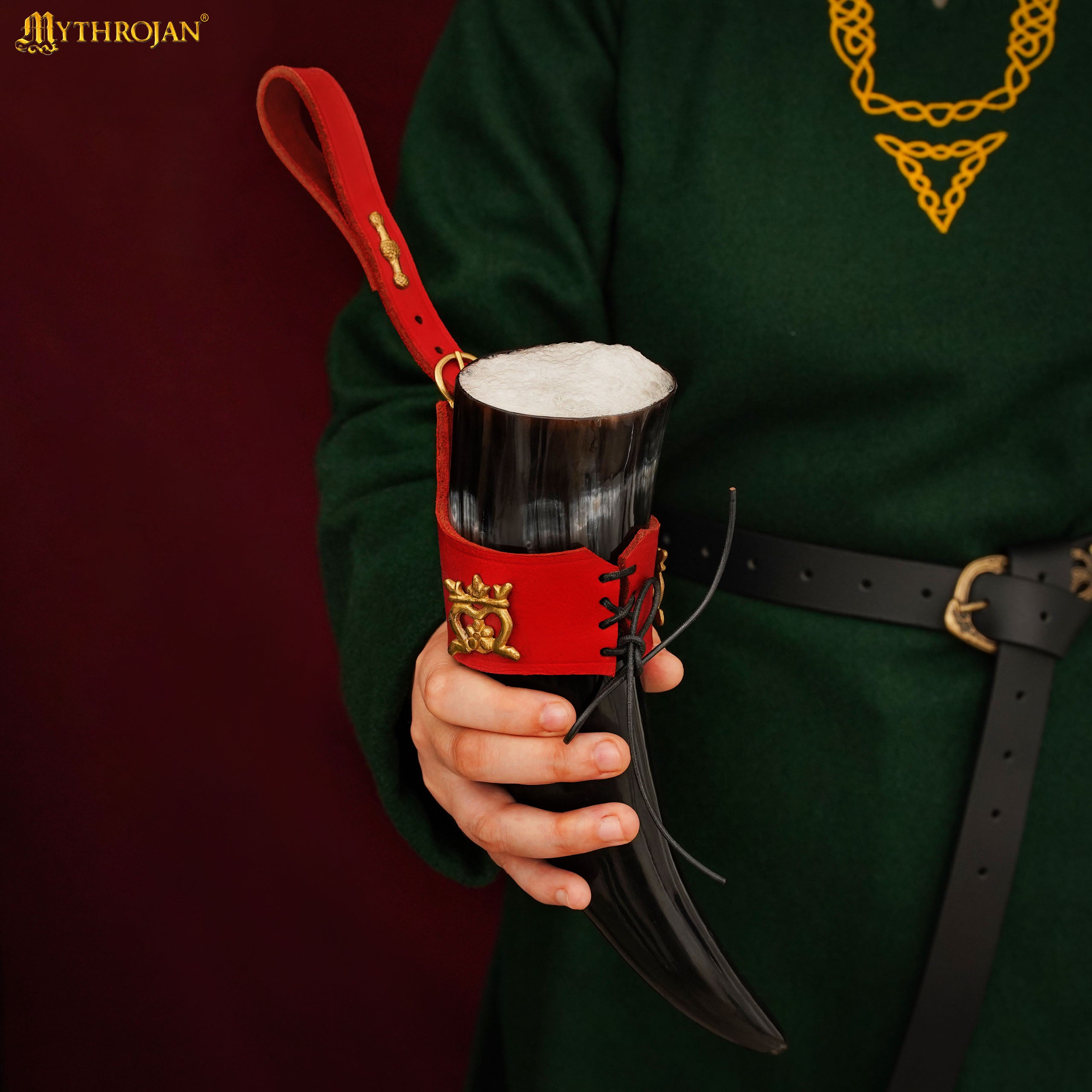 Mythrojan&quot;THE ELEGANT LADY&quot; Viking Drinking Horn with Leather Holder Authentic Medieval Inspired Viking Wine/Mead Mug - Polished Finish - 250 ML / Red