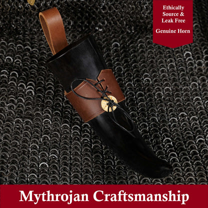 Mythrojan Drinking Horn with Leather Holder Authentic Medieval Inspired Viking Wine/Mead Mug (Brown, 400 ML)