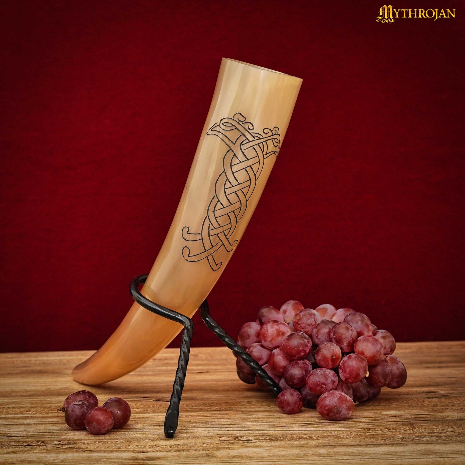 Mythrojan Viking Ravan Carved Drinking Horn Authentic Medieval Inspired Viking Wine/Mead 400 ML - Polished Finish