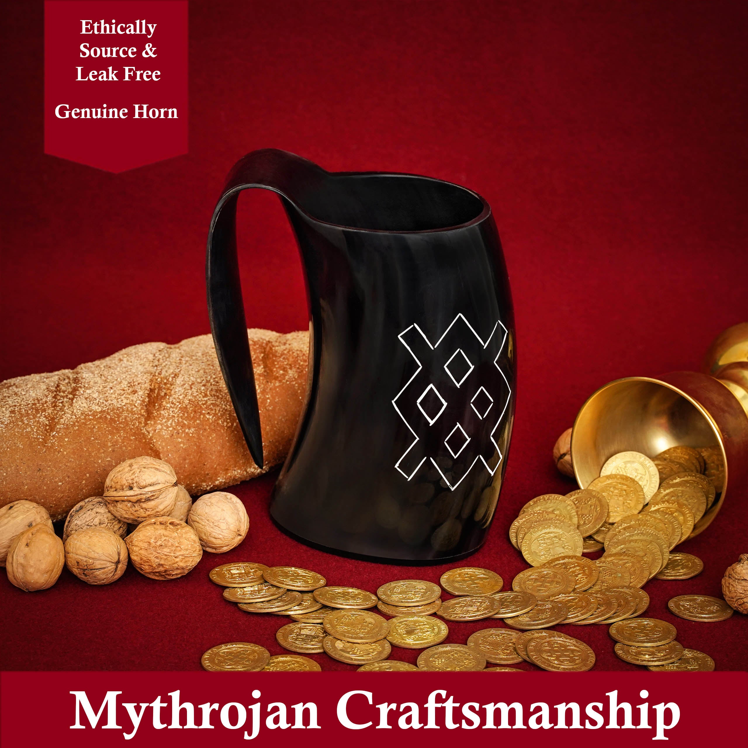 Mythrojan Tumbler Viking Drinking Cup with Handle &amp; Medieval Buckle Renaissance with Leather Strap - Unique Patern