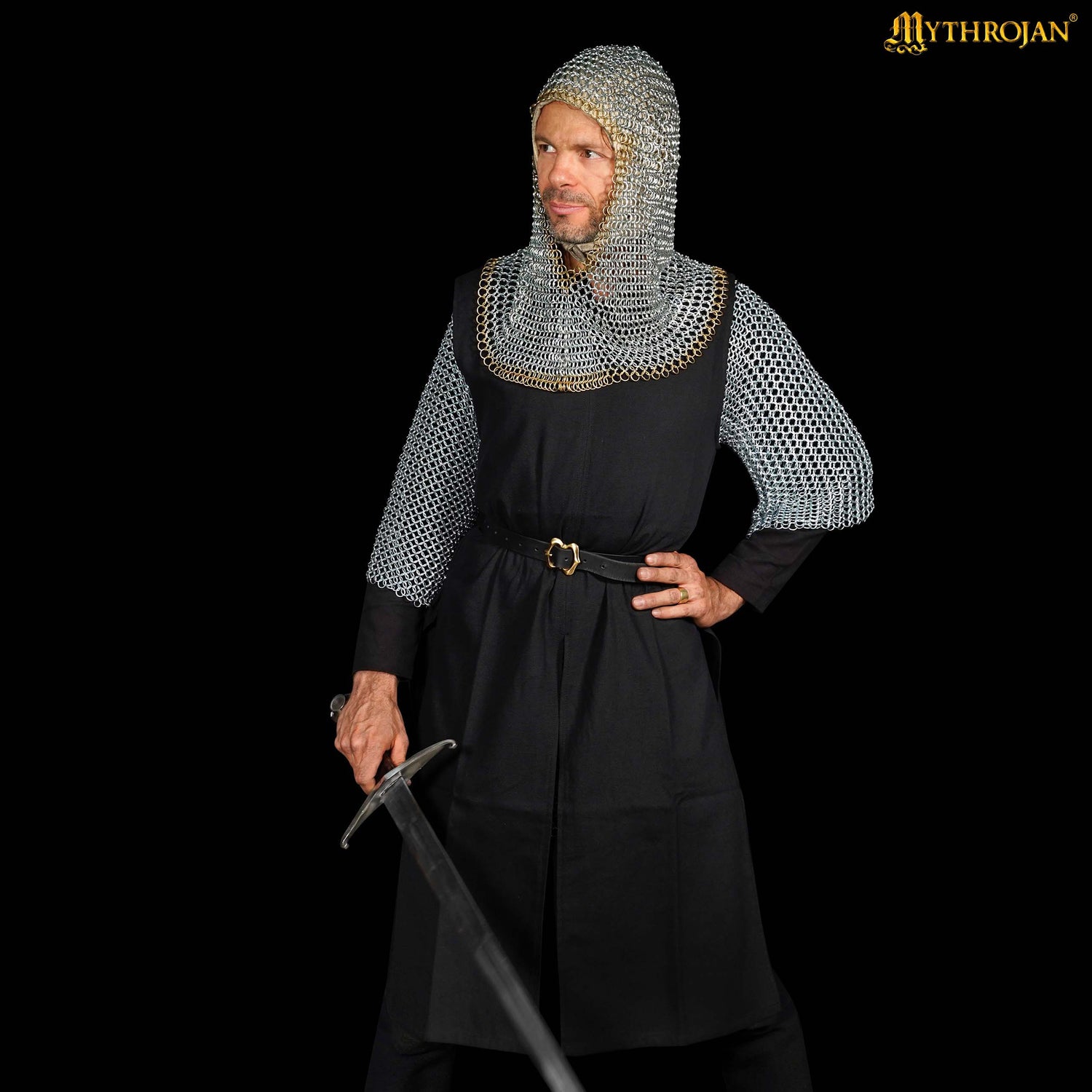 Mythrojan Medieval Chainmail Coif Butted Mild Steel and Solid Brass, Medieval SCA Reenactments Medieval Events, Zinc Plated with Solid Brass Edges, L