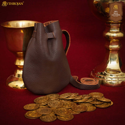 Mythrojan “Gold and Dice” Medieval Drawstring Bag, Ideal for SCA LARP Reenactment &amp; Ren fair - Full grain Leather Pouch, B rown 6” × 5&quot;