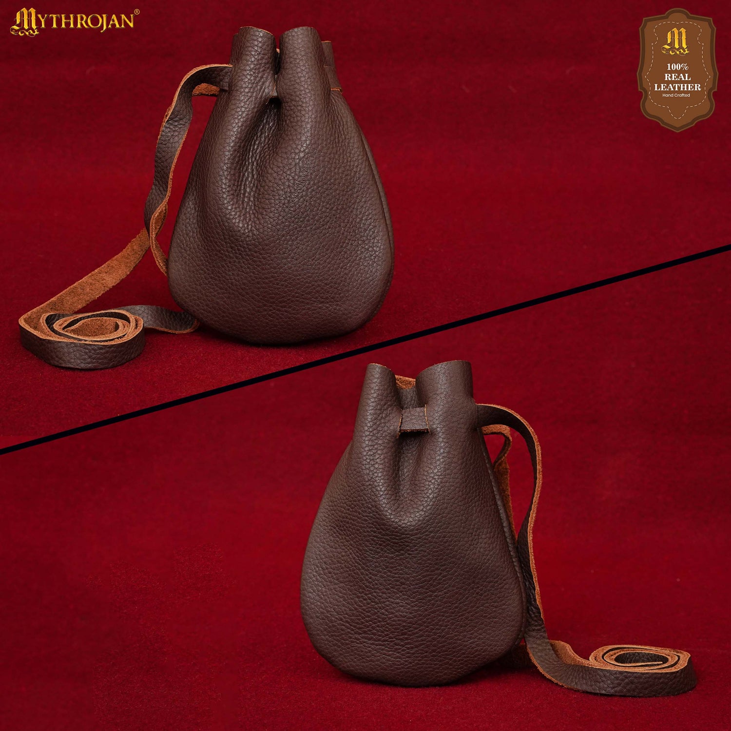 Mythrojan “Gold and Dice” Medieval Drawstring Bag, Ideal for SCA LARP Reenactment &amp; Ren fair - Full grain Leather Pouch, B rown 6” × 5&quot;