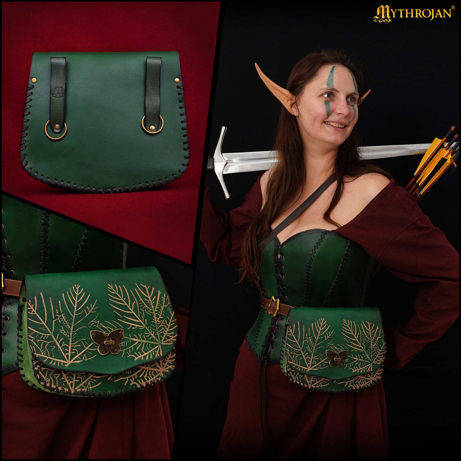 Mythrojan &quot;Forest Grace&quot; Elven Leather Pouch: Ideal for LARP, Cosplay, Elvish Costume &amp; Healer or Ranger Outfit , 7.4” x8.8 ” x2.9 ”