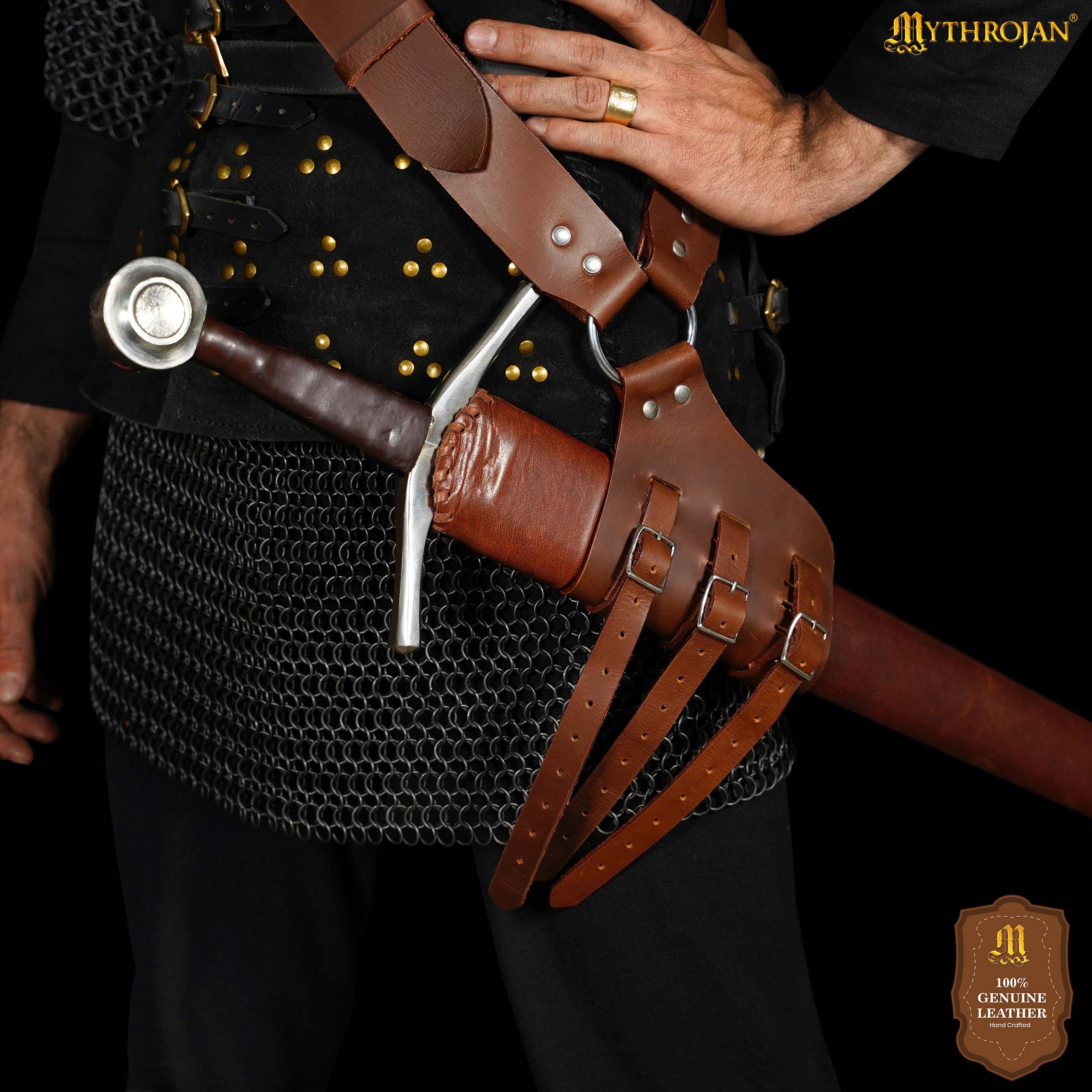 Mythrojan Baldric Leather Sword Belt Medieval Dagger Holster – Right Handed Brown