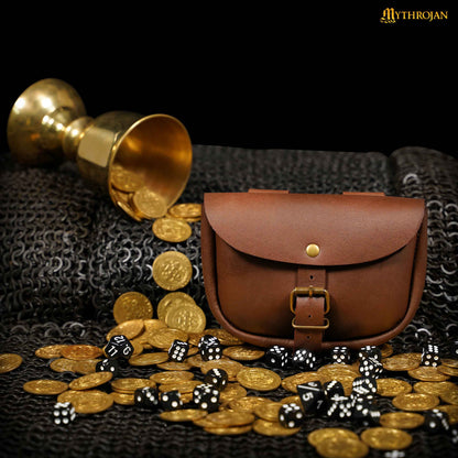 Mythrojan “ The Medieval Burglar ” Leather Bag, Ideal for SCA LARP Reenactment &amp; Ren fair , Full Grain Leather, Brown 4.7 ” ×6.2 ”