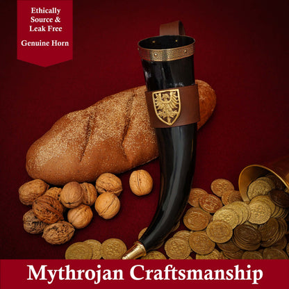 Mythrojan THE TOURNAMENT CHAMPION - Viking Drinking Horn with Brown Leather Holder Authentic Medieval Inspired Viking Wine/Mead Mug - Polished Finish