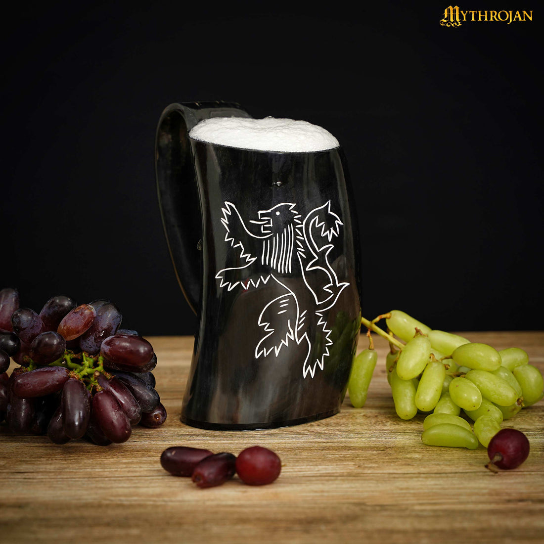 Mythrojan Tumbler Viking Drinking Cup with Handle &amp; Medieval Buckle Renaissance with Leather Strap - 600 ML / Rampat Lion