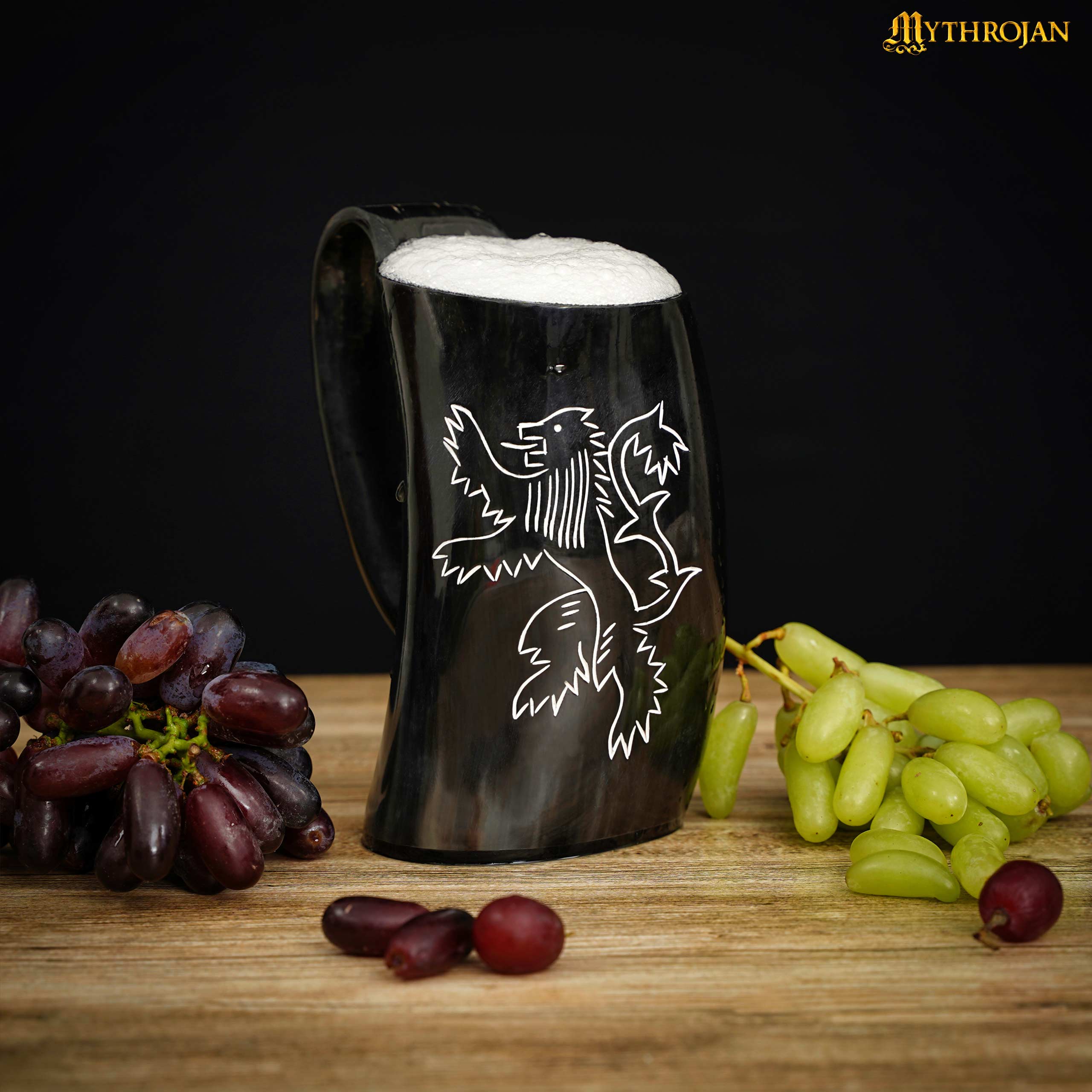 Mythrojan Tumbler Viking Drinking Cup with Handle &amp; Medieval Buckle Renaissance with Leather Strap - 600 ML / Rampat Lion