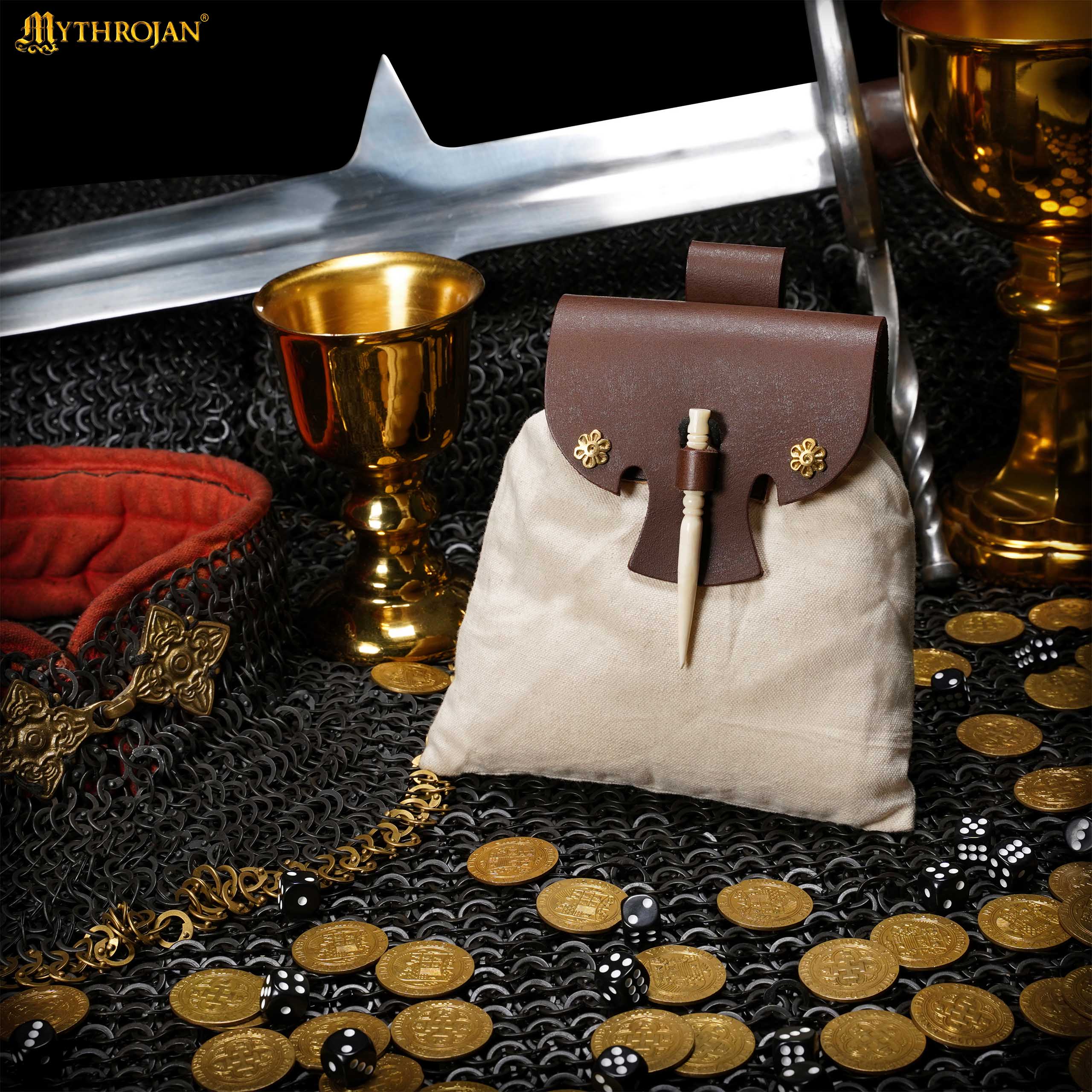 Mythrojan “Gold and Dice” Medieval Fantasy Belt Bag with Bone Needle Closure, Ideal for SCA LARP Reenactment &amp; Ren fair, Brown and Ecru, 7”×7”